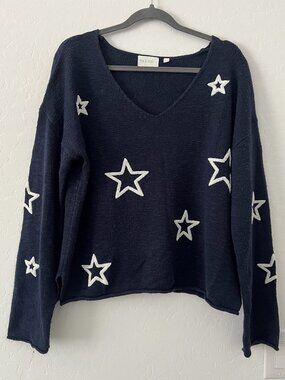 Mia & Tess Star Print Knit Sweater L Oversized Cropped Americana Coastal Chic